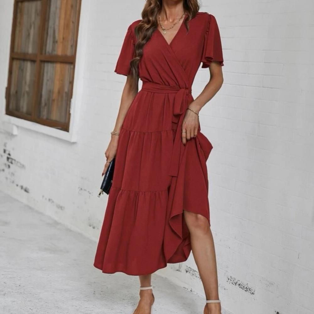 Boho butterfly sleeve ruffle hem belted dress